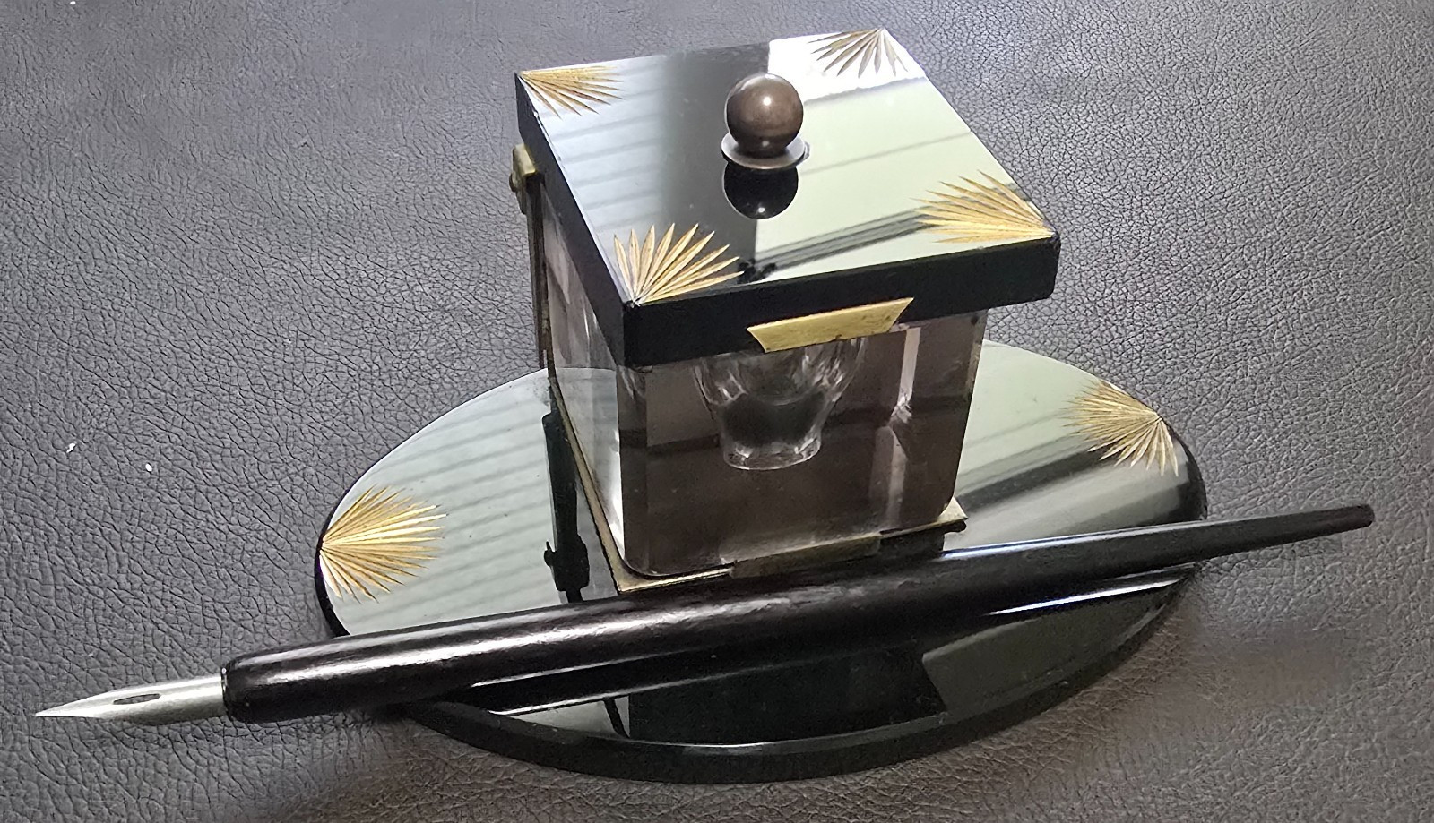 Antique Art Deco Desk Set, Calligraphy Set, Gold Sunburst Details, Stunning!