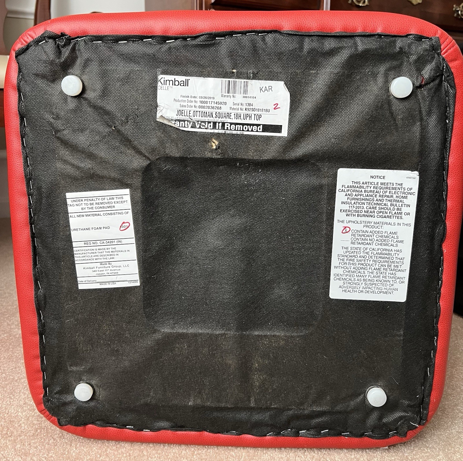 New Joelle Kimball RED Square Upholstered Top Ottoman 18” Made in USA