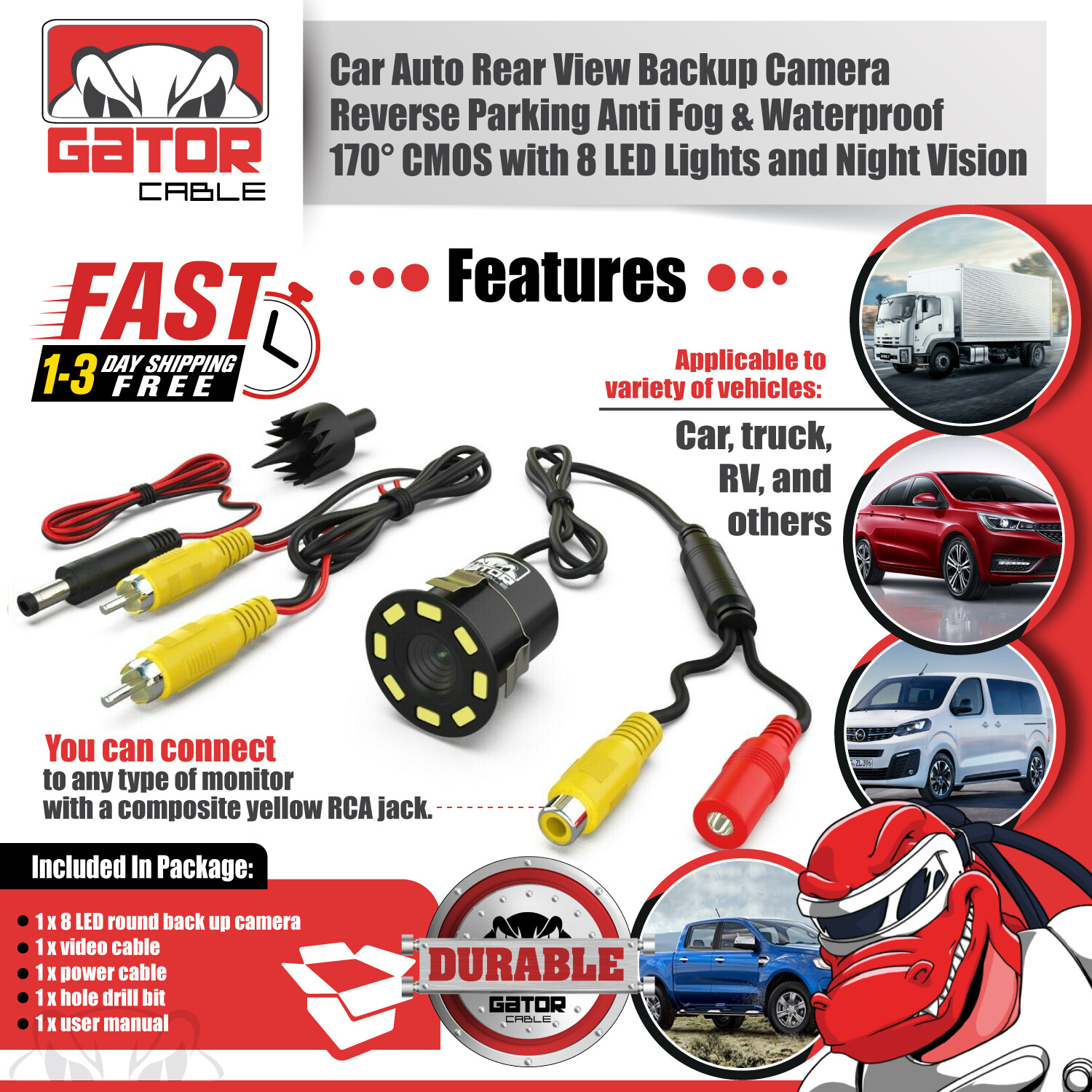 Car Rear View Backup Reverse Camera 170° CMOS 8 LED HD Night Vision Waterproof