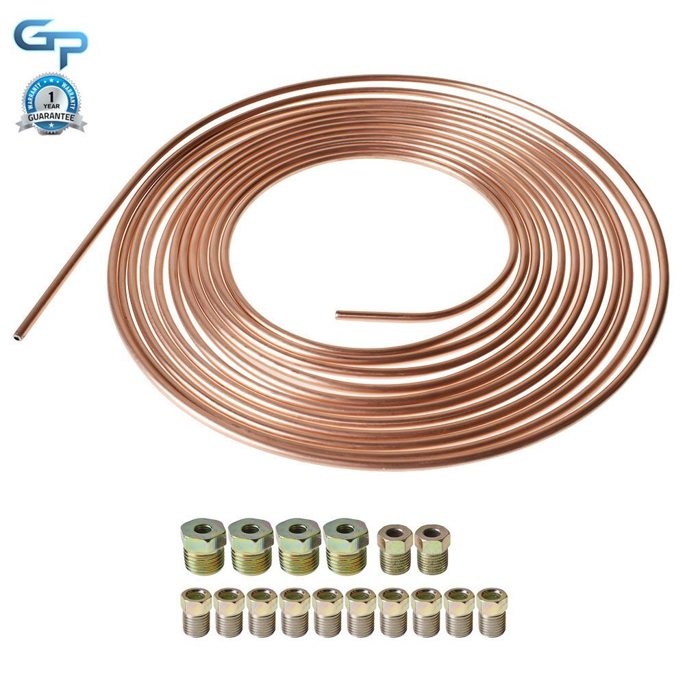 25 Foot Roll Coil of 3/16'' OD Copper Coated Brake Line Tubing Kit w/ 16 Fitting