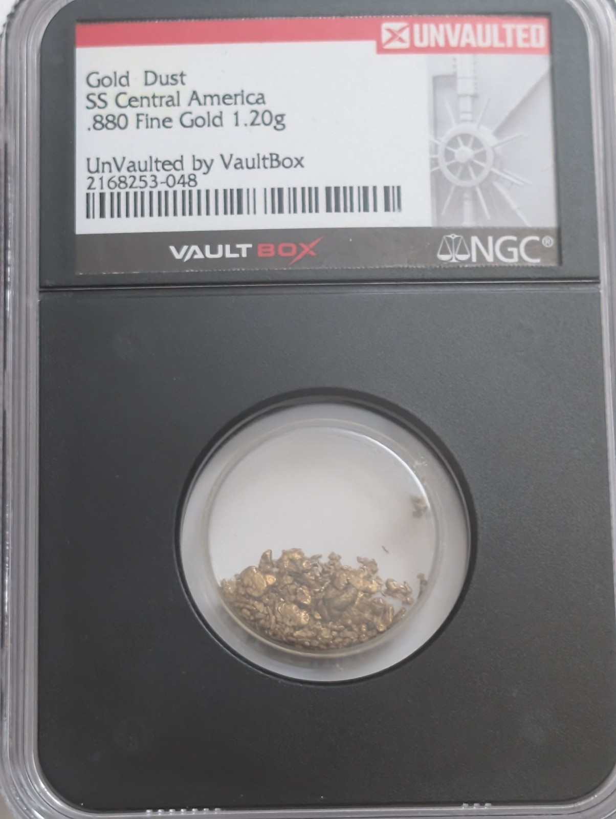 VaultBox SS Central America Gold Dust .880 Fine Gold 1.20g Encapsulated NGC