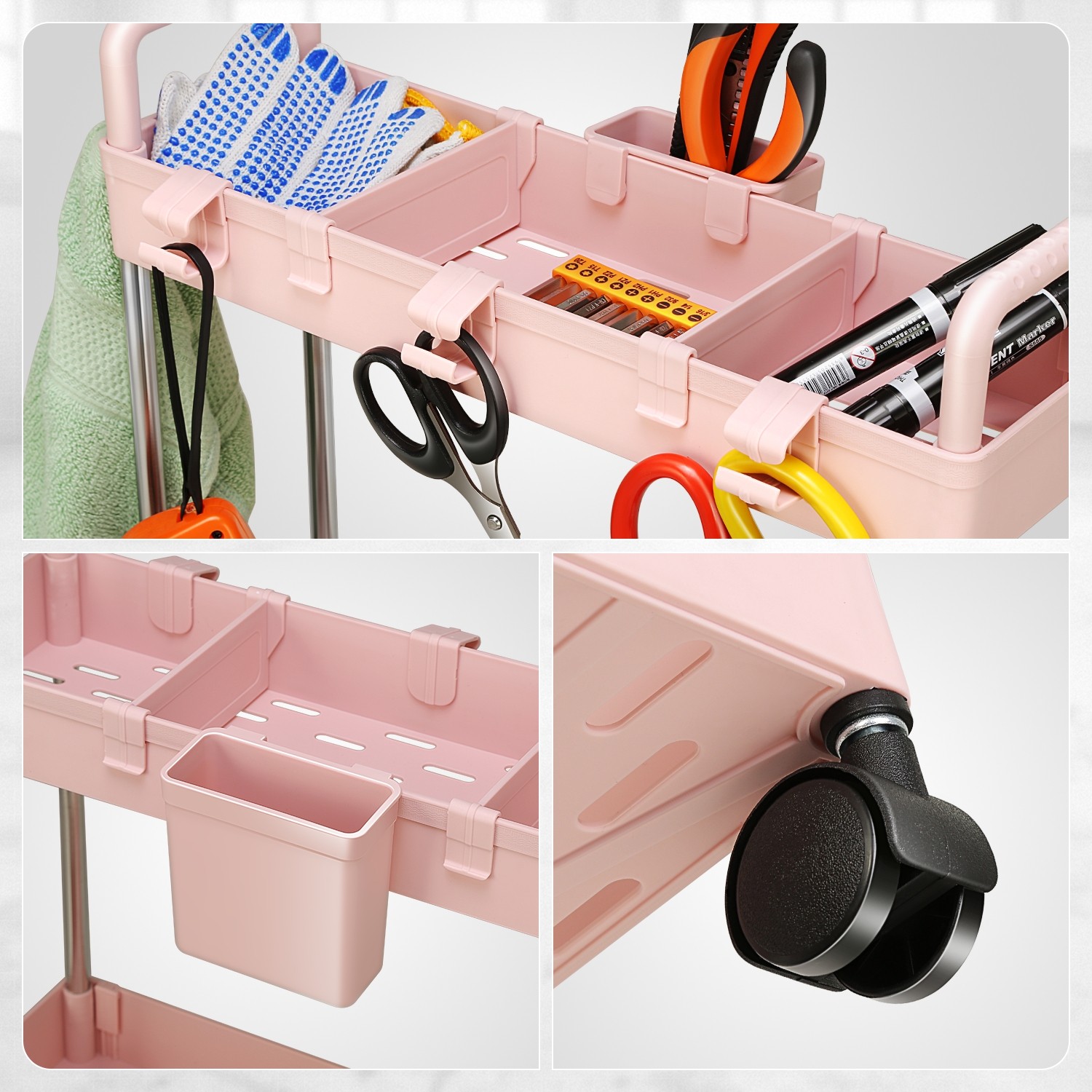 3 Tier Slim Rolling Storage Organizer Cart for Garage Warehouse Kitchen Pink