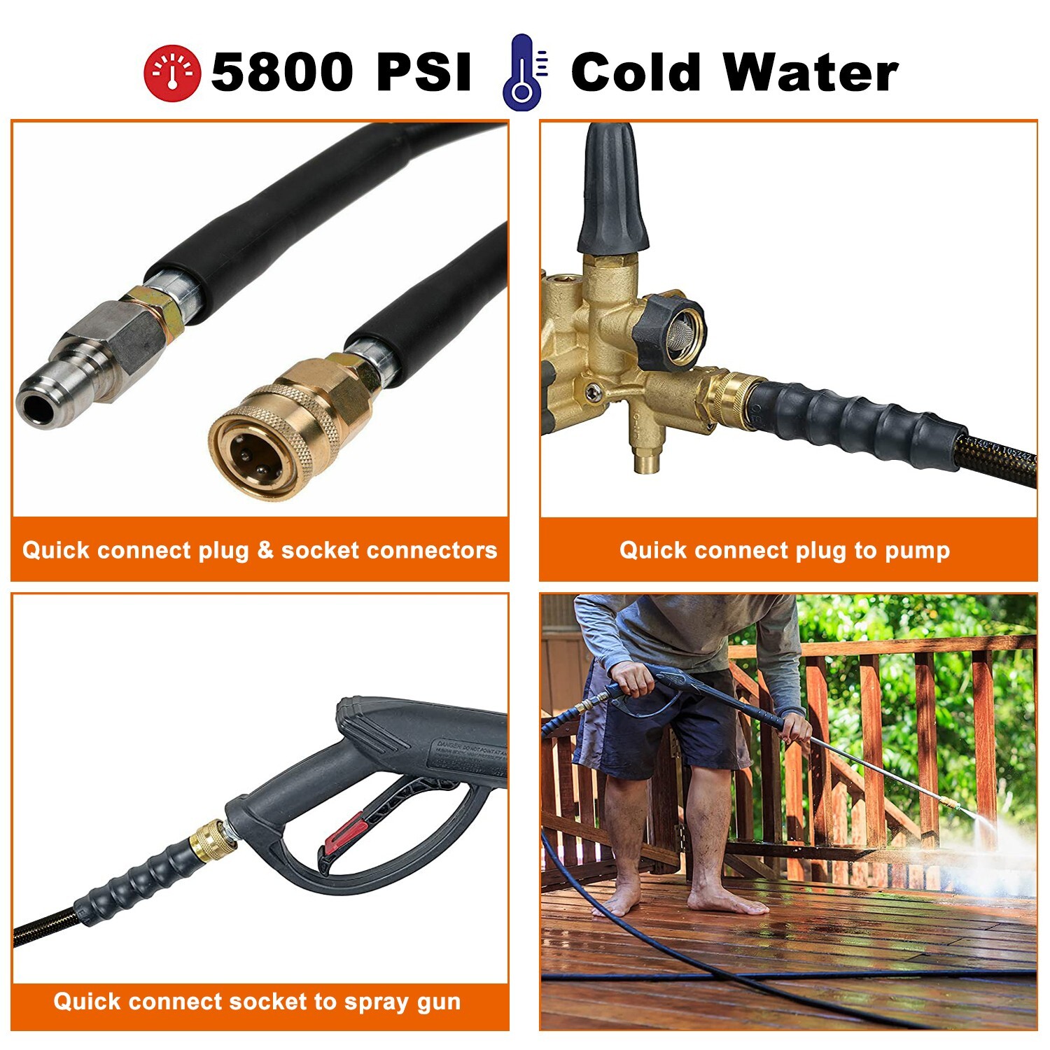 100FT 5800PSI Replacement High Pressure Power Washer Hose -3/8" Quick Connect