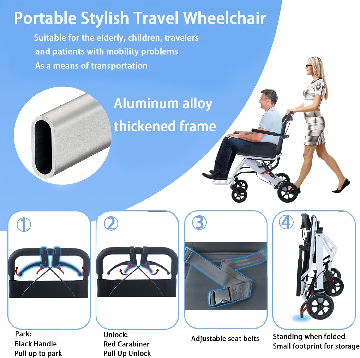 Foldable Lightweight Transport Wheelchair Portable Travel Wheelchair All Terrain