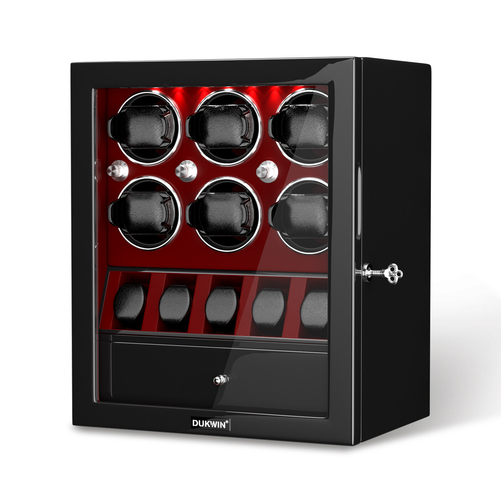 DUKWIN Automatic 6 Watch Winder with 5 Watches Display Storage Case Box LED Red