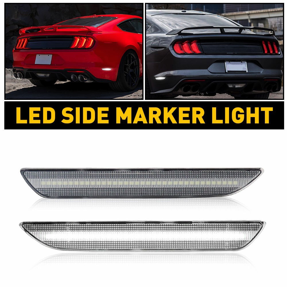 For 2015-2022 Ford Mustang LED Rear Bumper Side Marker Lights Clear Lens White