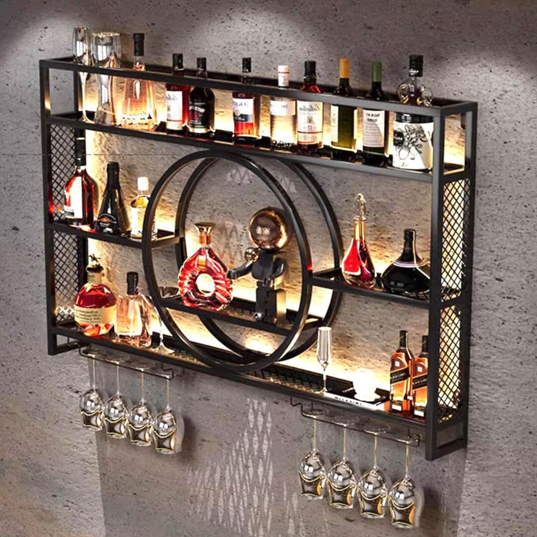 Wall Mounted LED Wine Rack Metal Bar Bottle Display Shelf with Wine Glass Rack