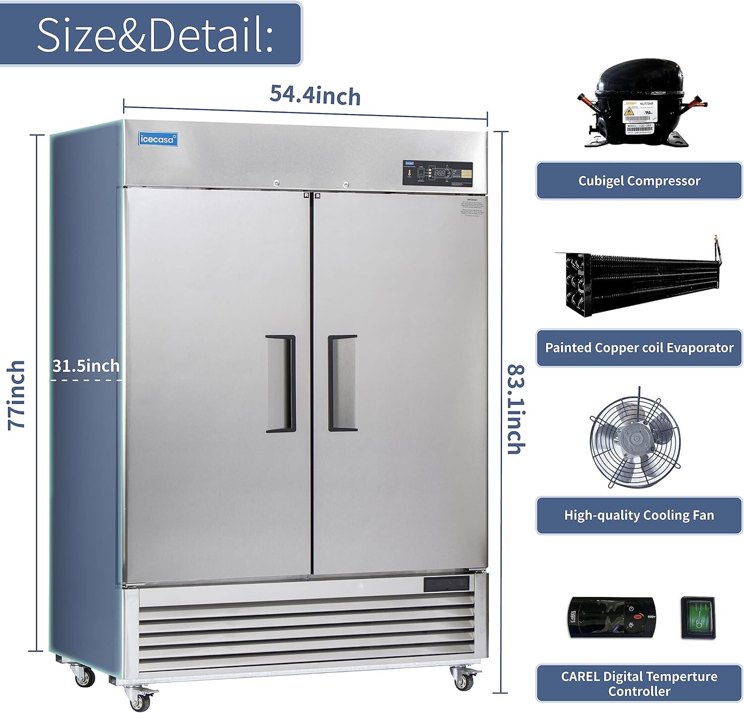 54" Commercial Refrigerator, ICECASA 2 Door Commercial Reach-In Cooler 49 Cu.ft