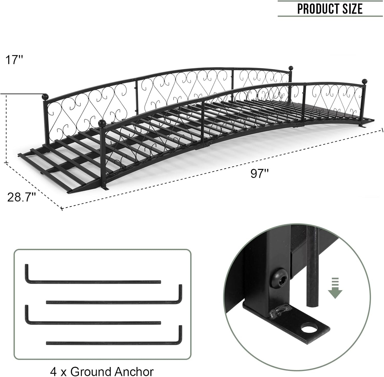 Garturects Metal Garden Bridge 8 FT - Durable Decorative Footbridge with Siderai