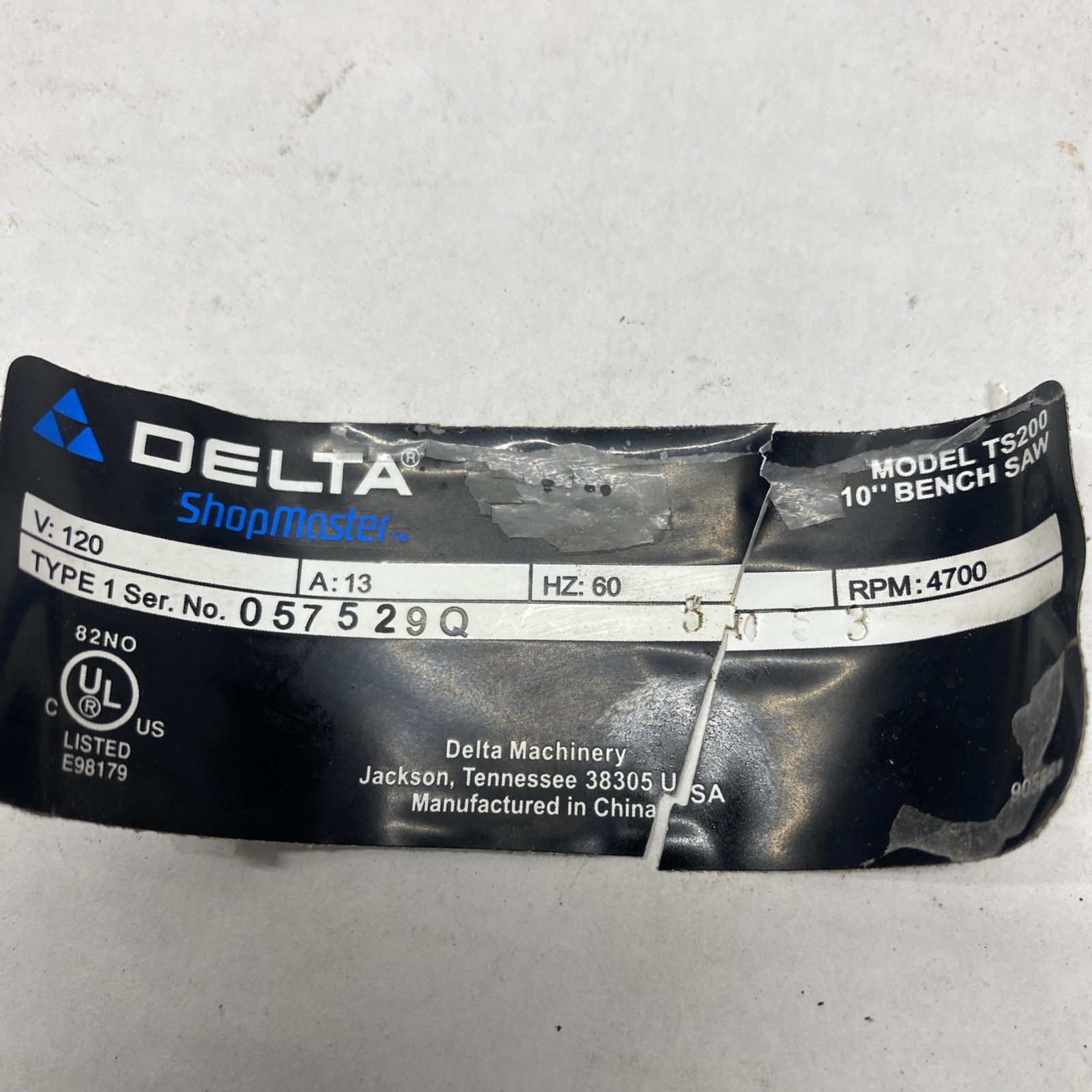 Delta ShopMaster 10" Table Saw Md TS200 Motor RPM 4700 v120 EM-466