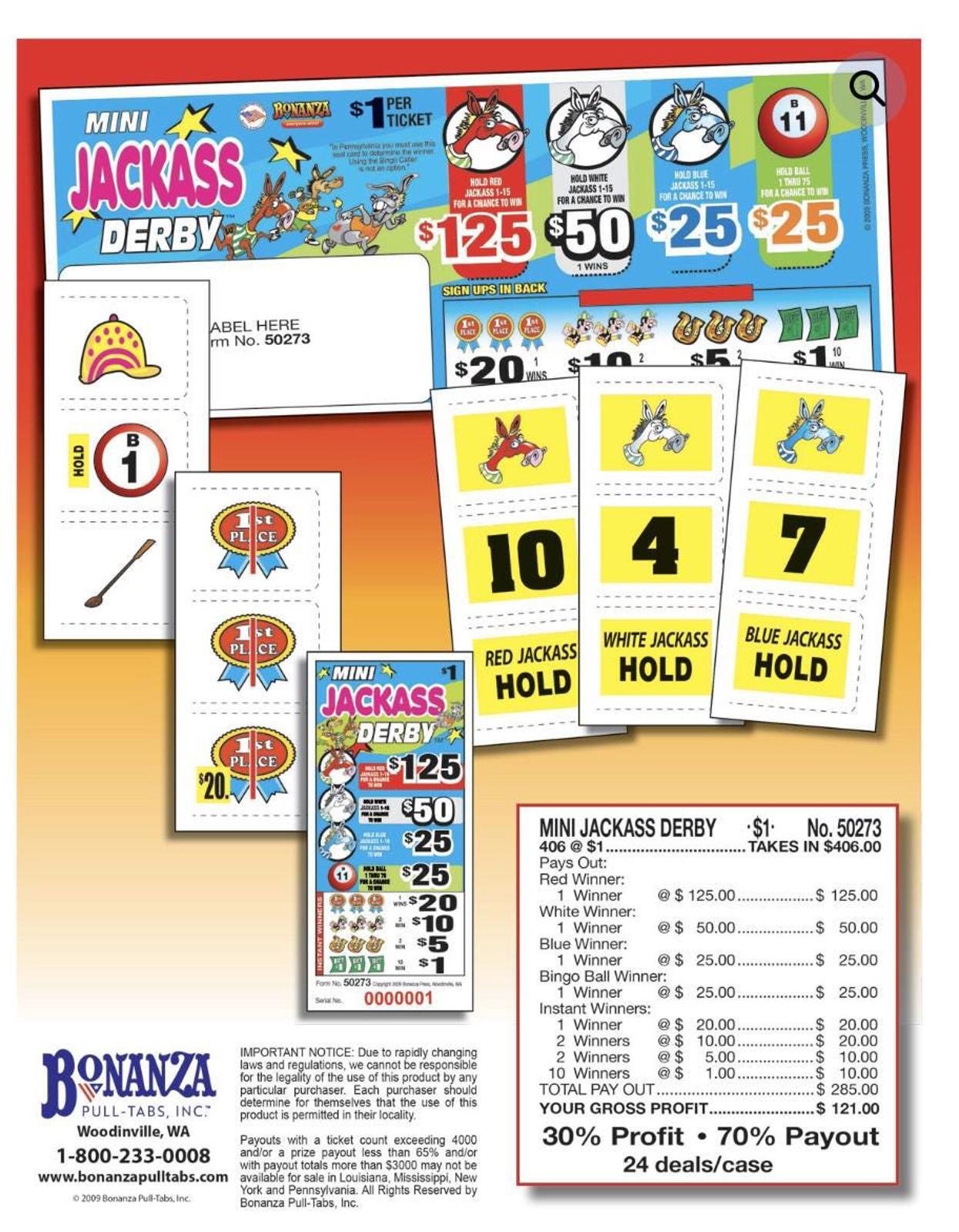 Pull Tab Ticket - Hard Card- Game - 3 Pack - Mini Jackass Derby - 406 ct ea