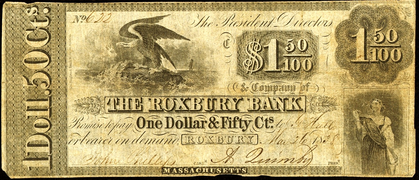 MA $1.50 The ROXBURY Bank Massachusetts May 26, 1838 Haxby MA-1075 G8