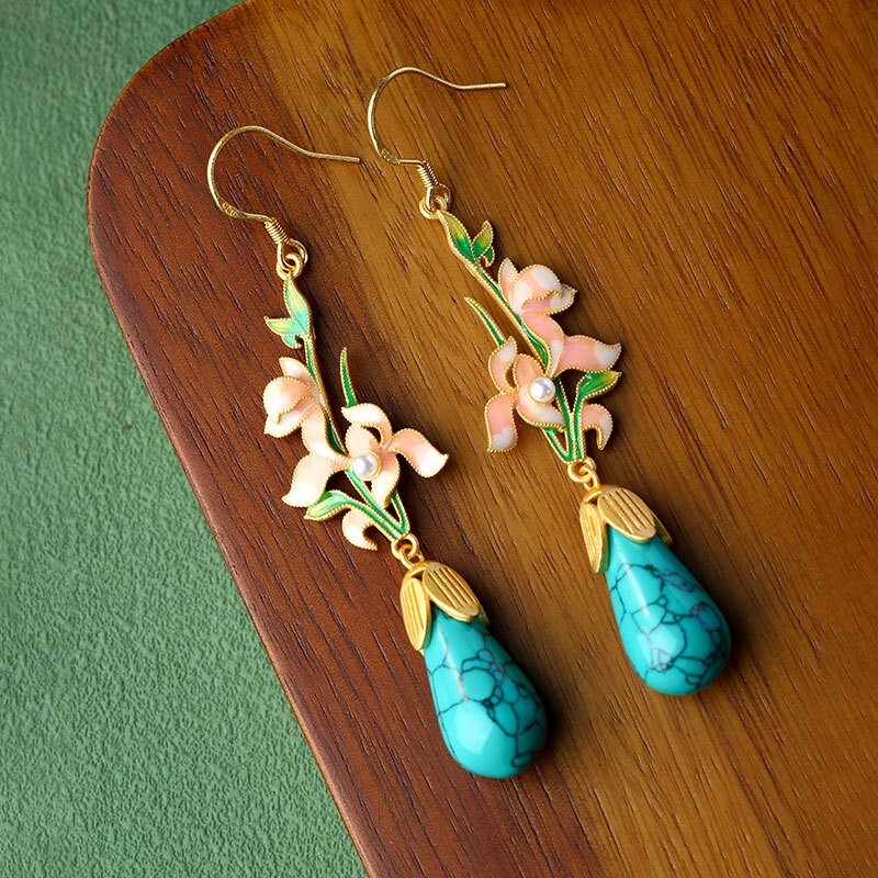 Bohemian Turquoise Drop Dangle Earrings Gemstone Flower Ear Hook 18K Gold Plated