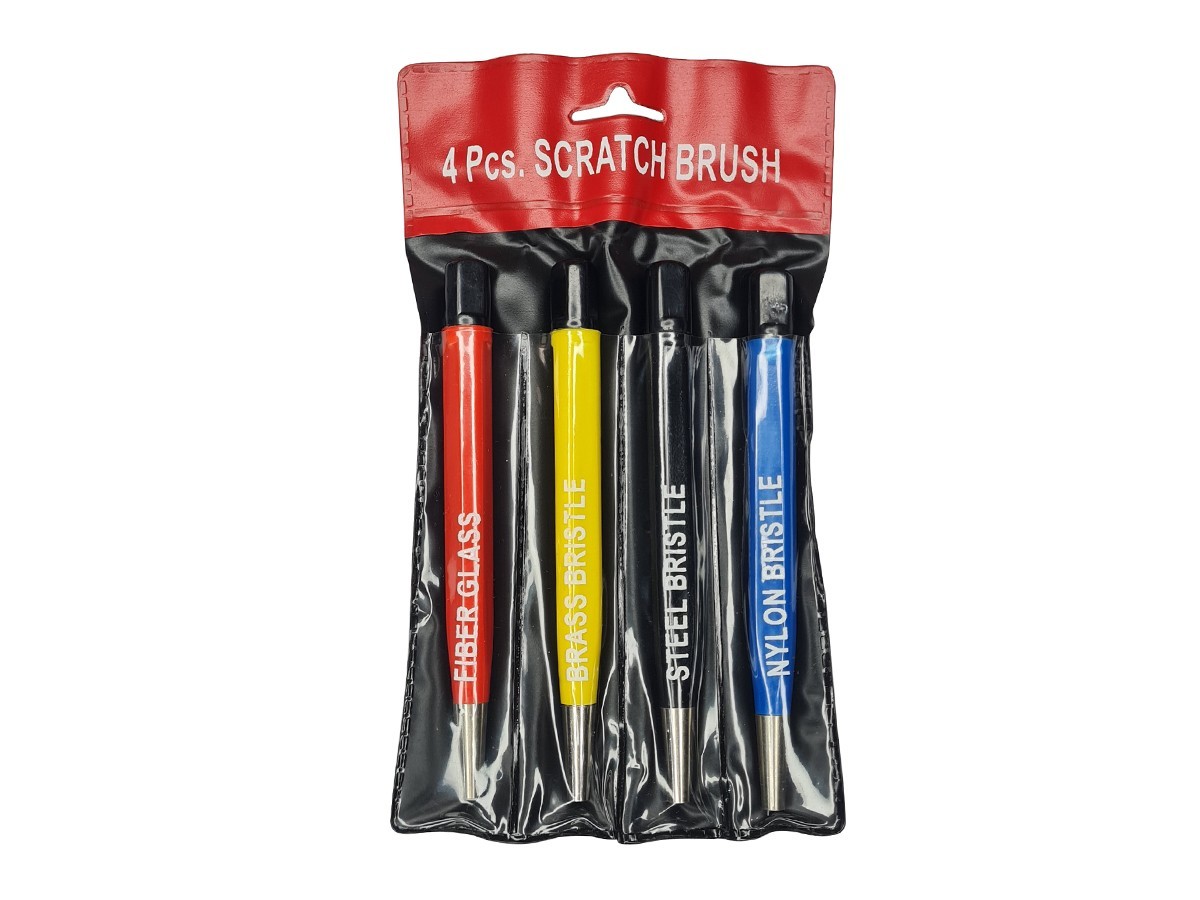 4pc Pen Type 5" Scratch Brush Set - Steel, Brass, Fiber & Nylon Bristles