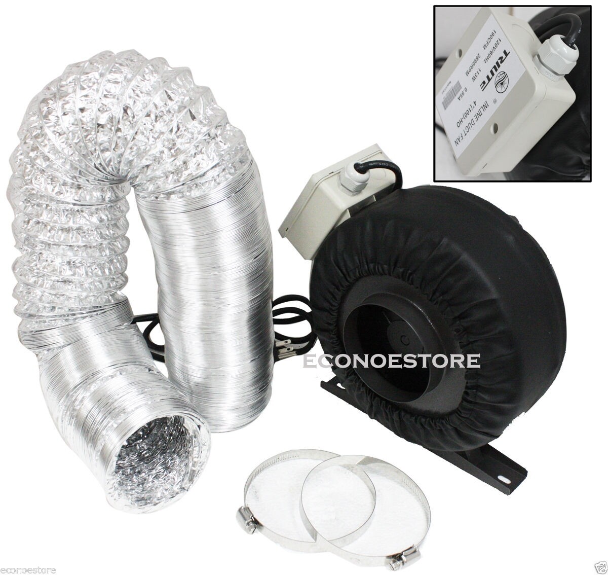 4" Inline Exhaust Fan W/ Leather Sleeve +4" x 33' Flexible Ducting Hose w/2Clamp