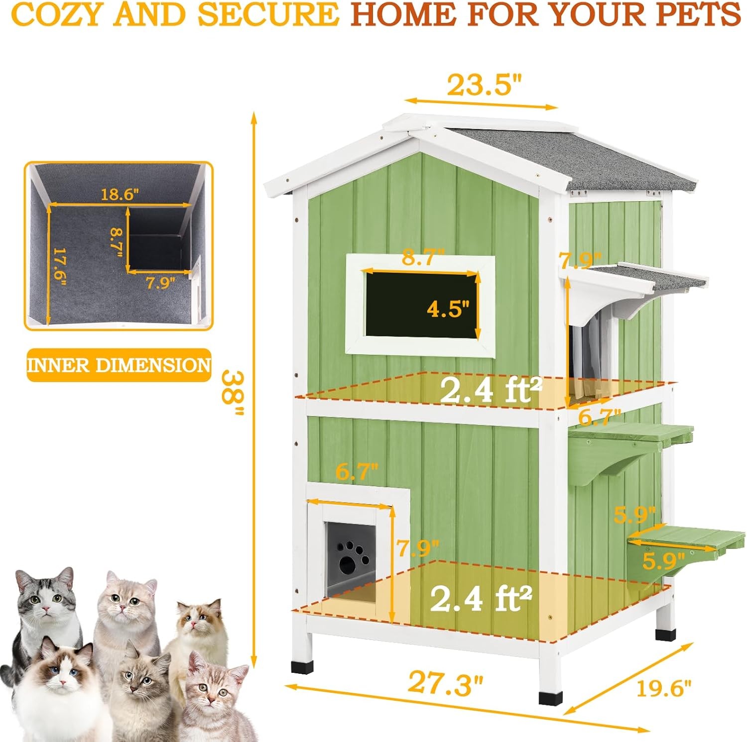 PetsCosset Insulated Cat House Outdoor Shelter Two Story Wooden with Roof,Green