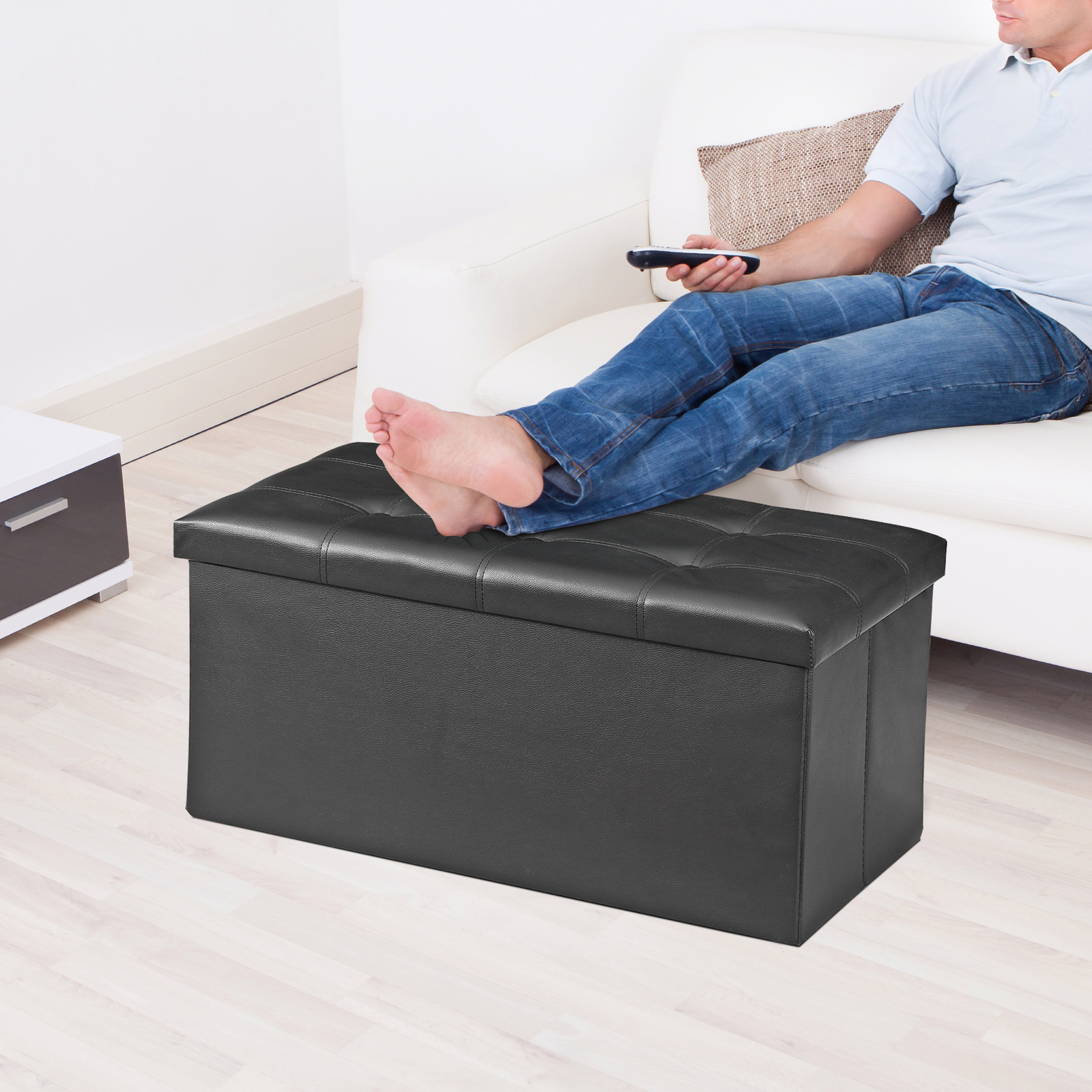 30 inches Folding Storage Ottoman 80L Storage Bench for Bedroom Hallway Black