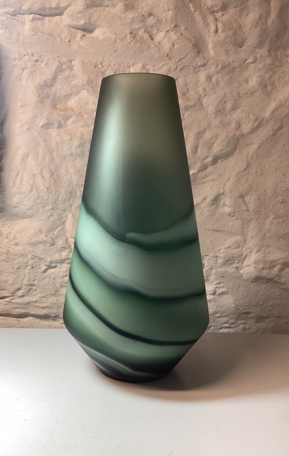 Beautiful Large Art Glass Vase Jade Green Wave Sandblasted Tall Sturdy 13.5 in