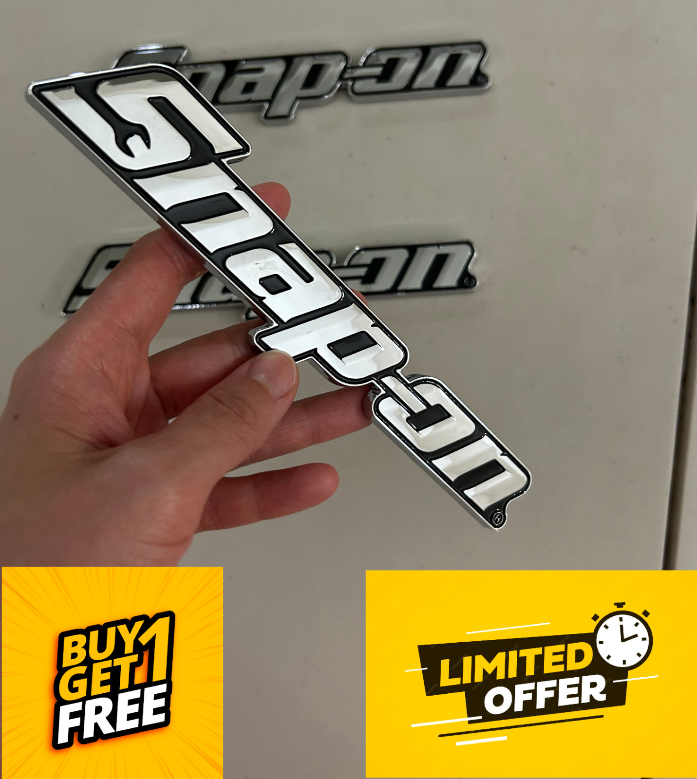 SNAP-ON TOOL BOX LOGO EMBLEM Chrome Silver Name Badge Plate Decal 8" INCH NEW