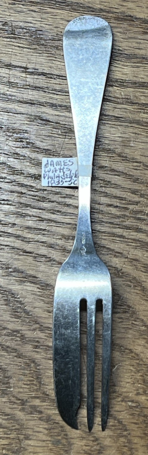 American Coin Silver Old Style 3 Tine Engraved Pickle Fork James Watts Phila
