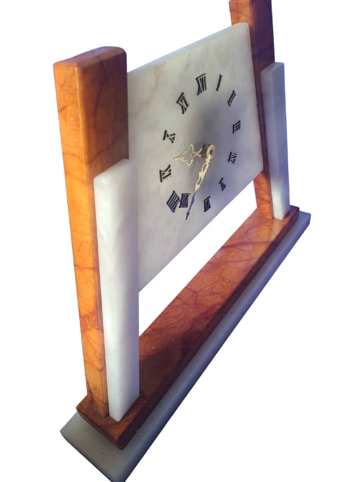 VIntage White And Brown Marble Mantle Clock MCM Pyramid Mid Century