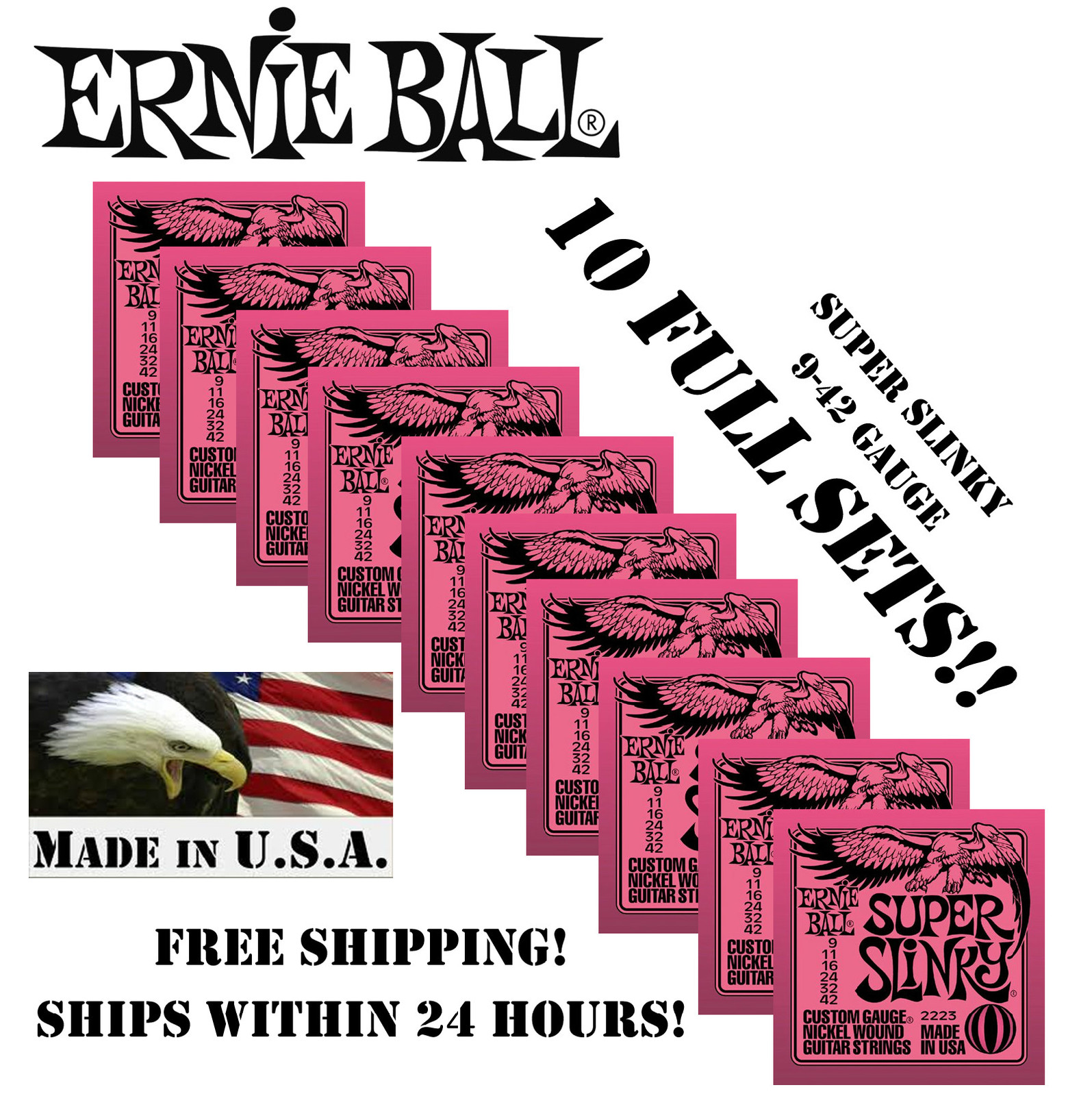 *10 PACK ERNIE BALL SUPER SLINKY 9-42 ELECTRIC GUITAR STRINGS 2223 (10 SETS)*