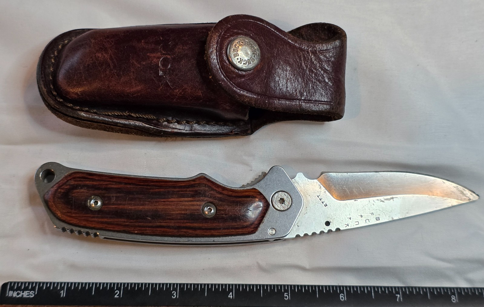 3 7/8" Long Buck Alpha Hunter 277T BOS AT-34 Folding Knife & Sheath, Used