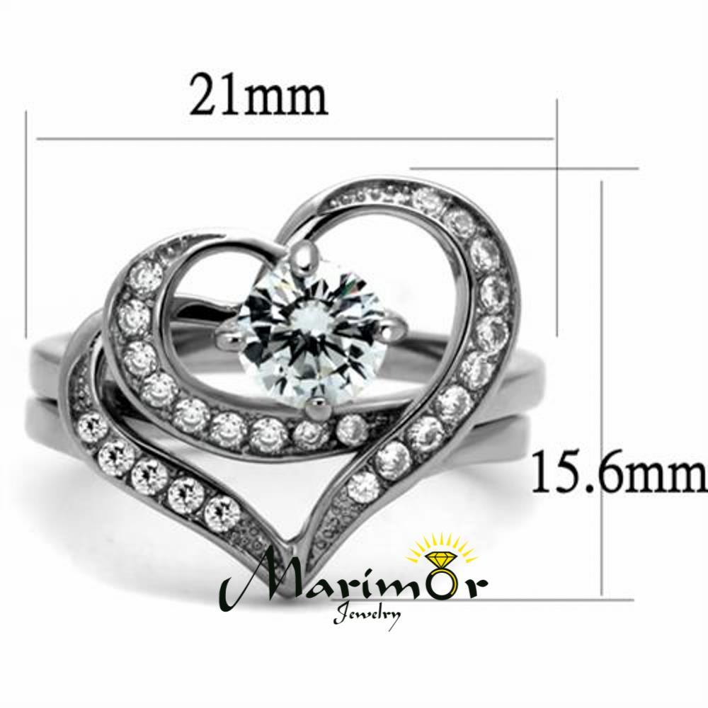 Women's 1.2 Ct Round Cut Cz 2 Piece Heart Shape Stainless Steel Wedding Ring Set