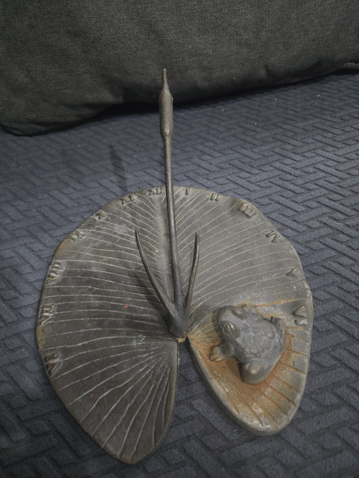 Vintage English Country Iron Garden Sundial with Frog on a Lily Pad