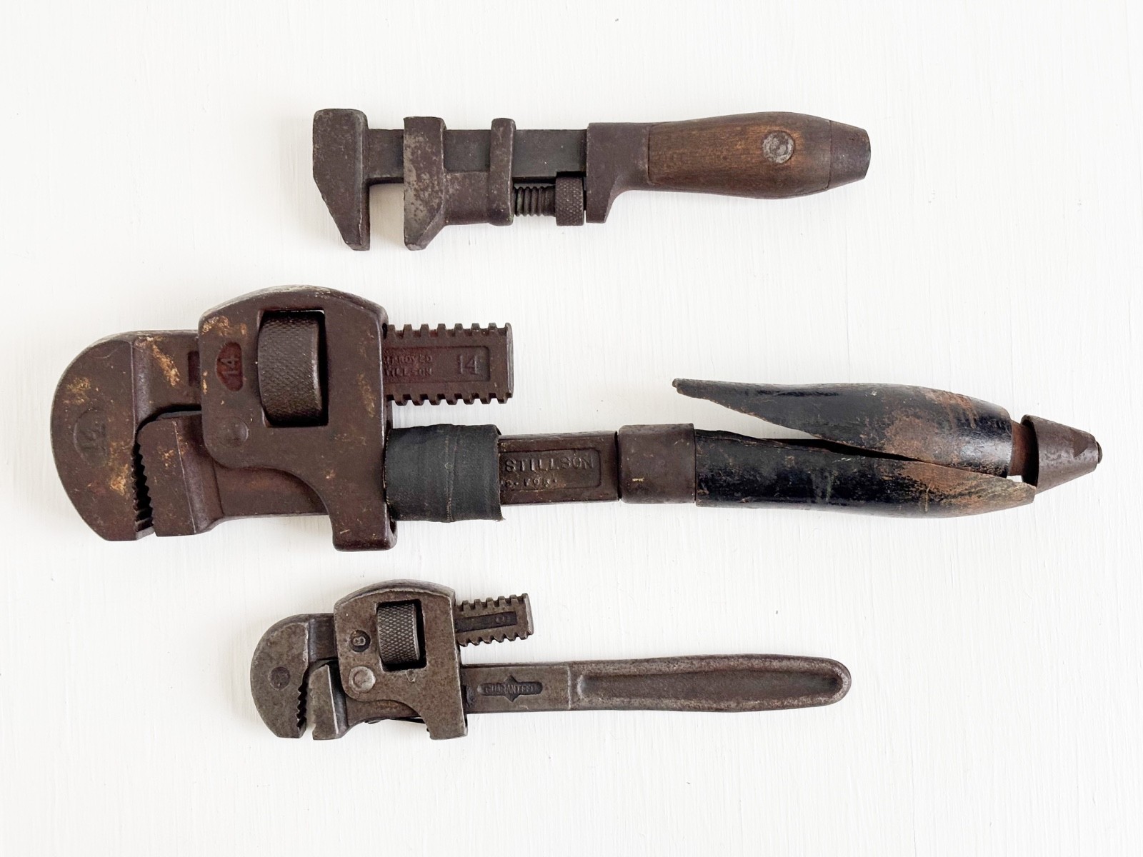 Set of Antique Wrenches—Stillson Pipe & Possible Coes Monkey Industrial Rustic