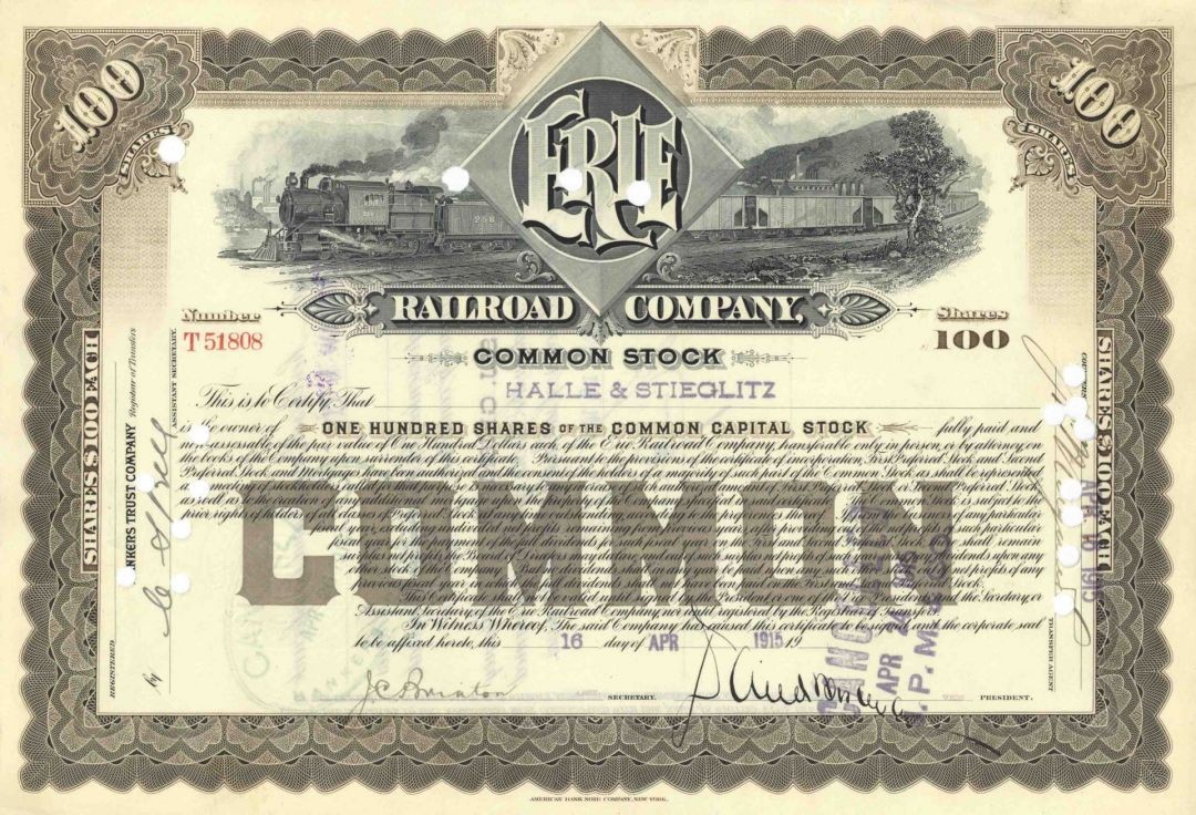 Erie Railroad Co. - 1906-1915 dated Railway Stock Certificate - Gorgeous Desig