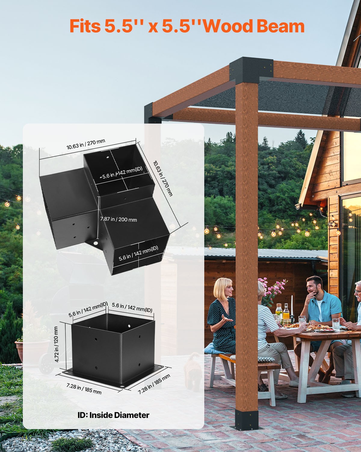 VEVOR 6x6" Pergola Bracket Kit Inner 5.5x5.5 3-Way Brackets 4 Pcs with 4 Bases