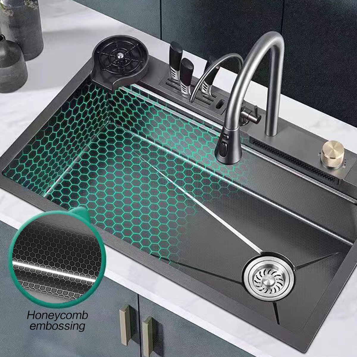 28x17 Flying Rain Stainless Steel Waterfall Kitchen Sink with Faucet Single Bowl