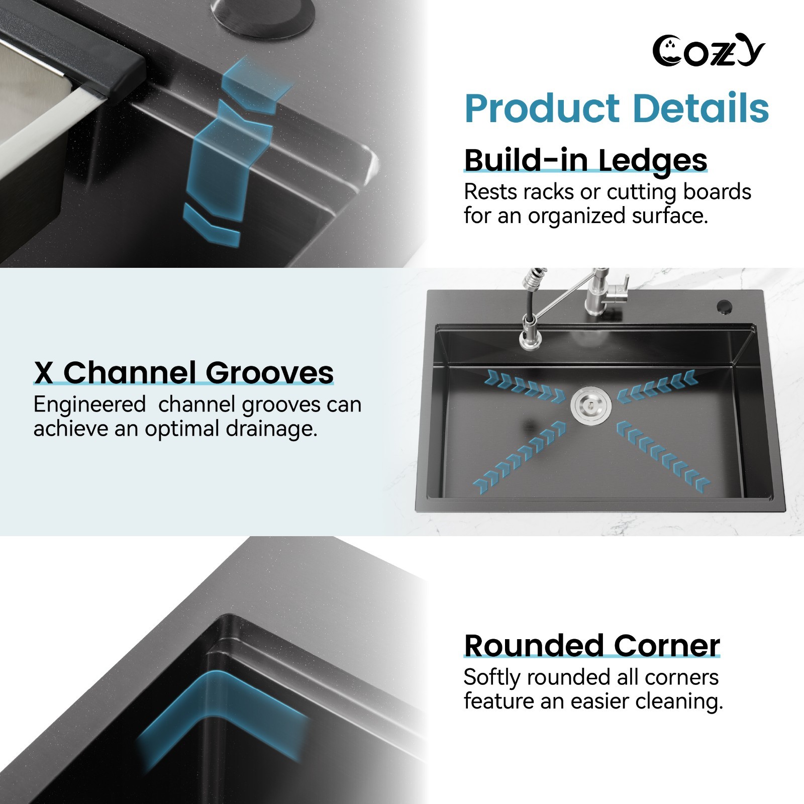 Cozy n Bath 33x22 inch overmount kitchen sink with accessors and drain