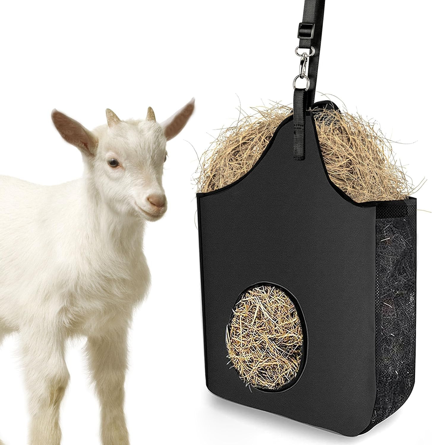 Hay Bag Hanging Goat Feeder Tote Premium Oxford Cloth with Metal Ring and Adjust