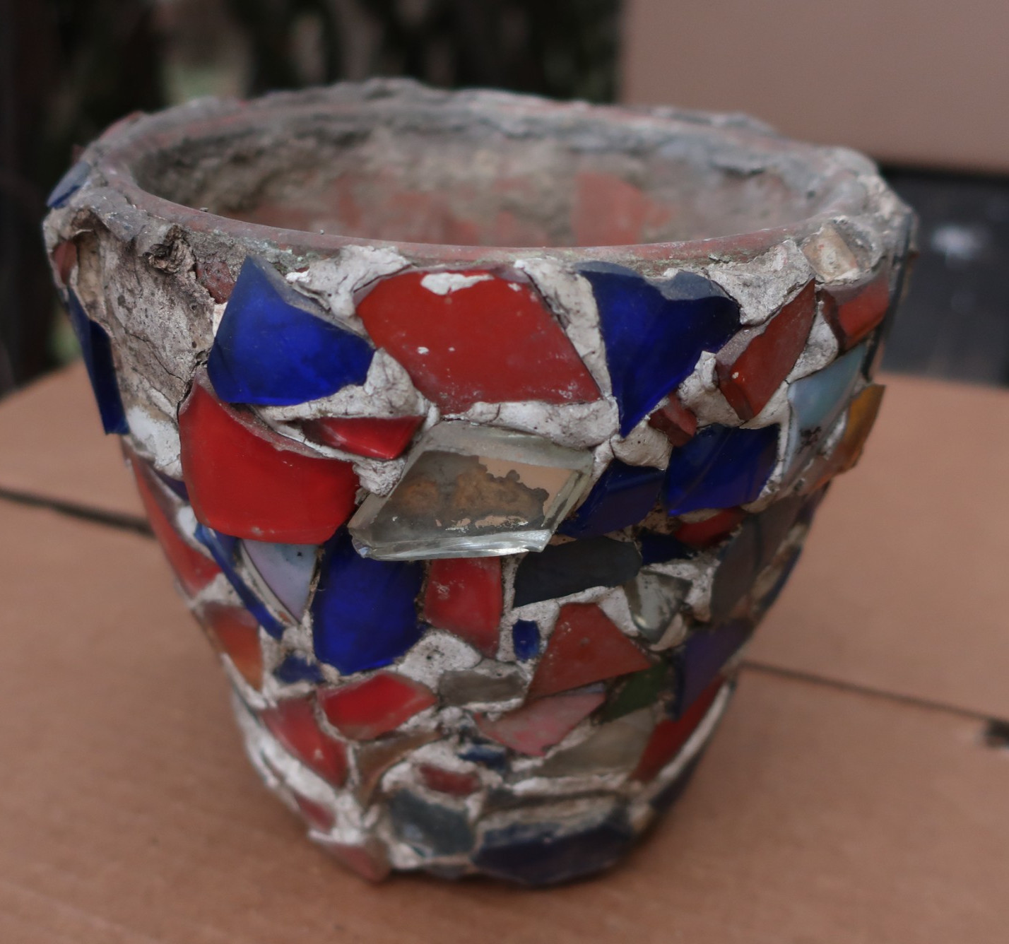 Old Antique Memory Jug Mosaic Glass Pieces over Flower Pot Crock Folk Art