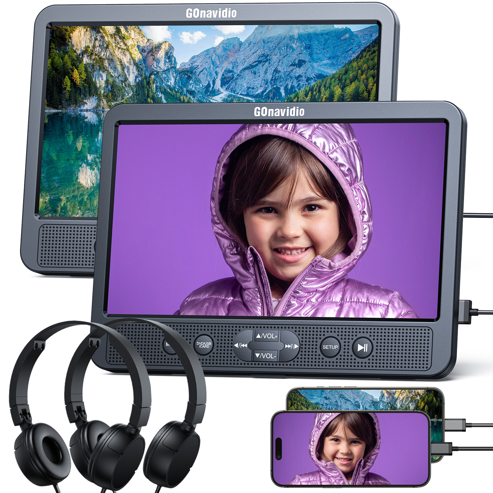 2x10.5" HD Dual Screen Car Headrest DVD Player TV HDMI USB SD Monitor W/ Headset