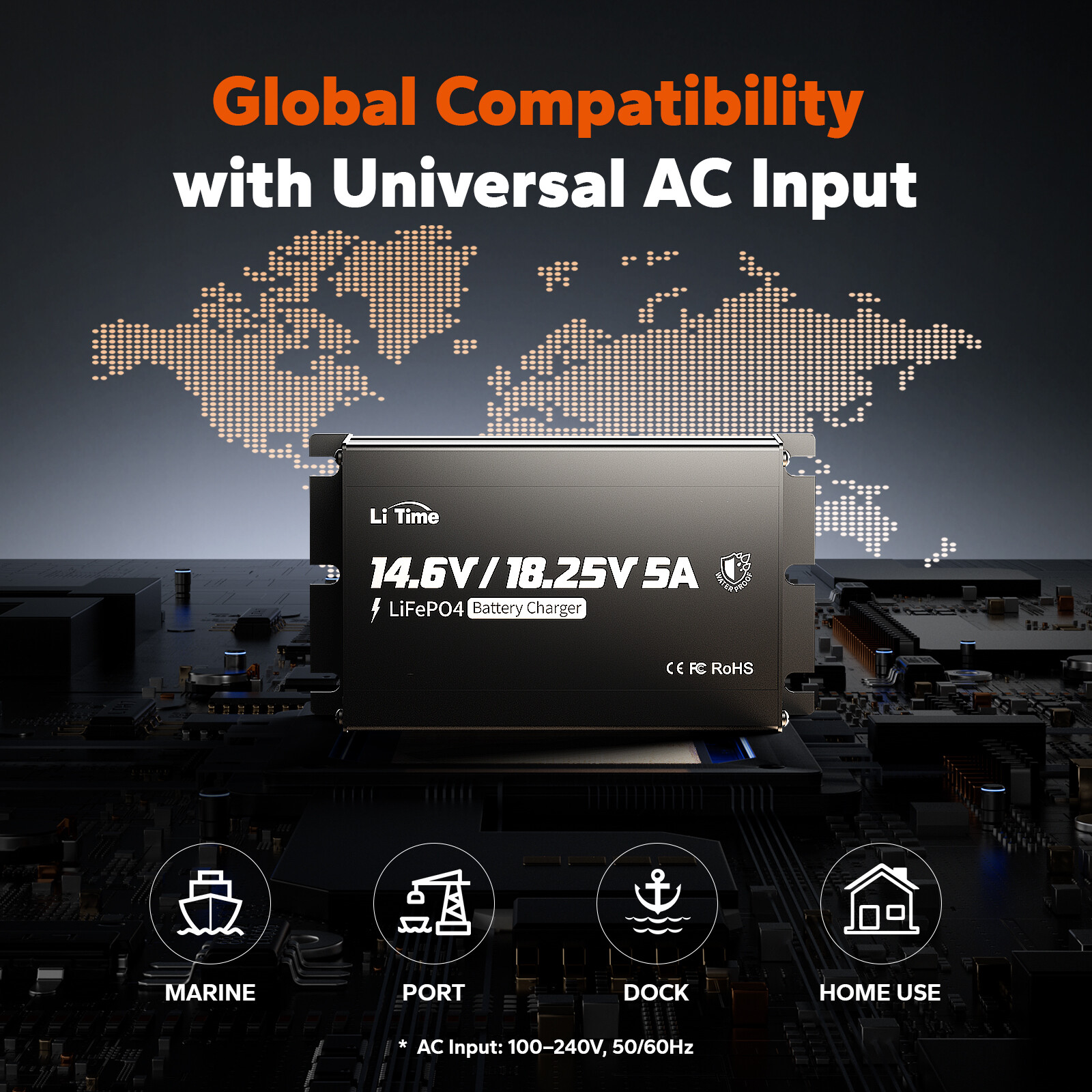 LiTime 14.6V+18.25V 5A Dual Bank Lithium Charger for 12V 16V LiFePO4 Battery