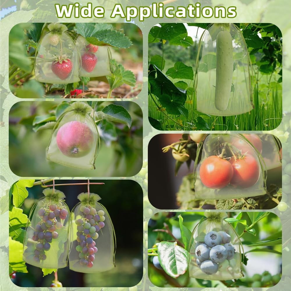 100 Pcs Fruit Protection Bags Tree Fruit Netting Mesh Bag with Drawstring