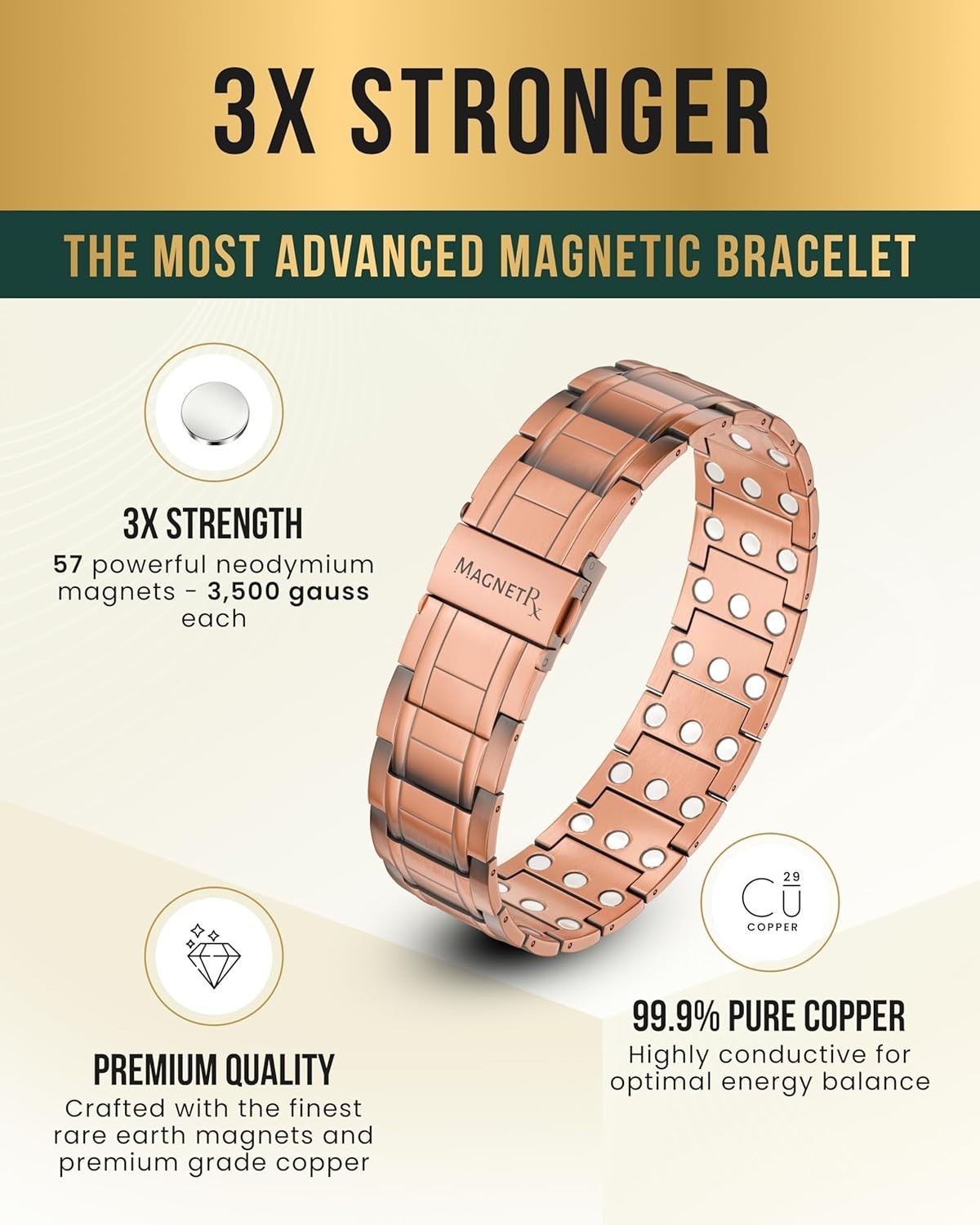 MagnetRX® 3X Strength Copper Bracelet for Men with Magnets Over Clasp and Adjust