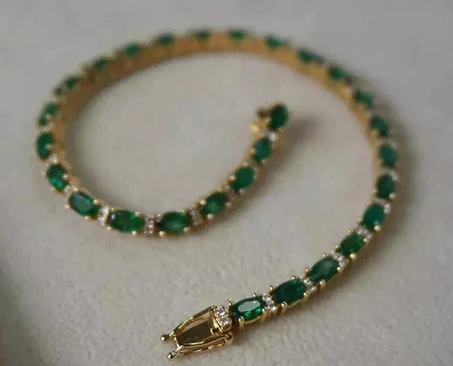 Natural Green Emerald 6Ct Oval Cut Tennis Bracelet 14K Yellow Gold Plated Silver