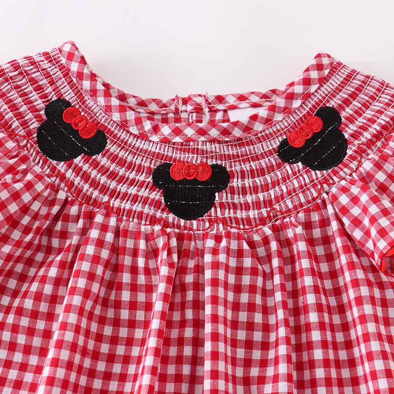 NEW Boutique Minnie Mouse Girls Embroidered Smocked Red Gingham Plaid Dress
