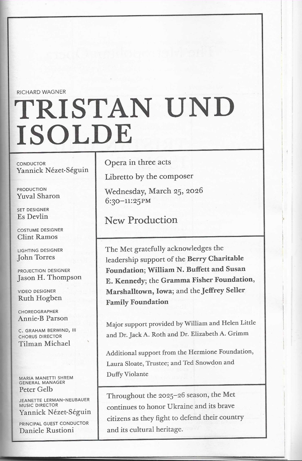 TRISTAN UND ISODLE Playbill METROPOLITAN OPERA Lise Davidsen Michael Spyres