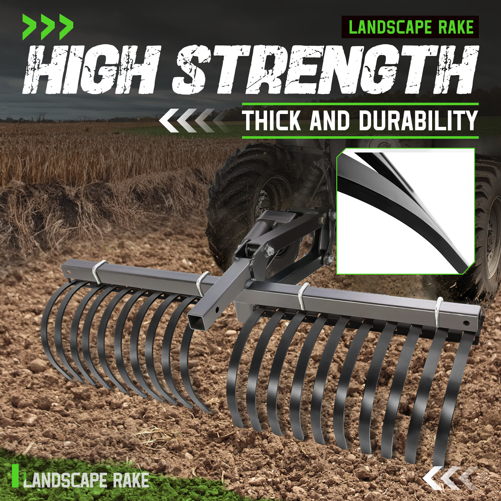 60" Landscape Rake For ATV UTV Tractor Heavy Duty Rock Rake Removal 20 Tine Rake