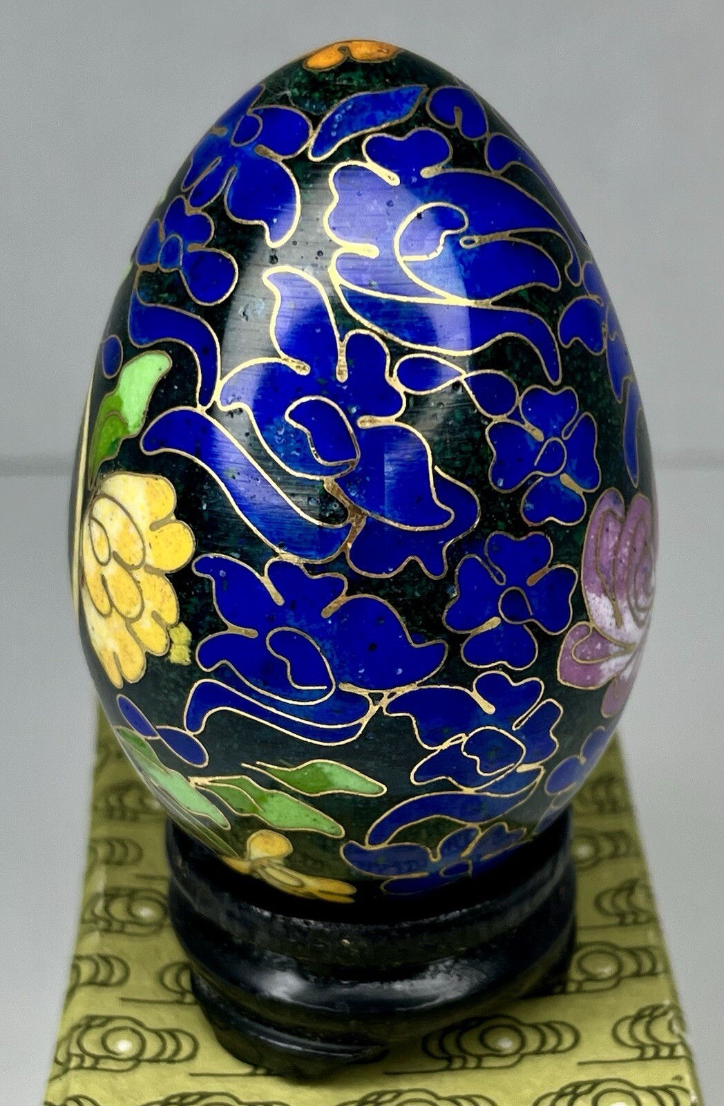 Vintage Chinese Black Cloisonné Enamel Copper Egg Pink Flowers Wood Stand In Box