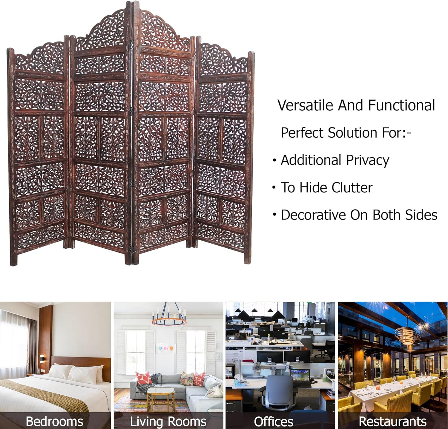 Room Divider Wood Screen - Mahanadi Antique Brown - 4 Panel Folding 72X80 - Wood