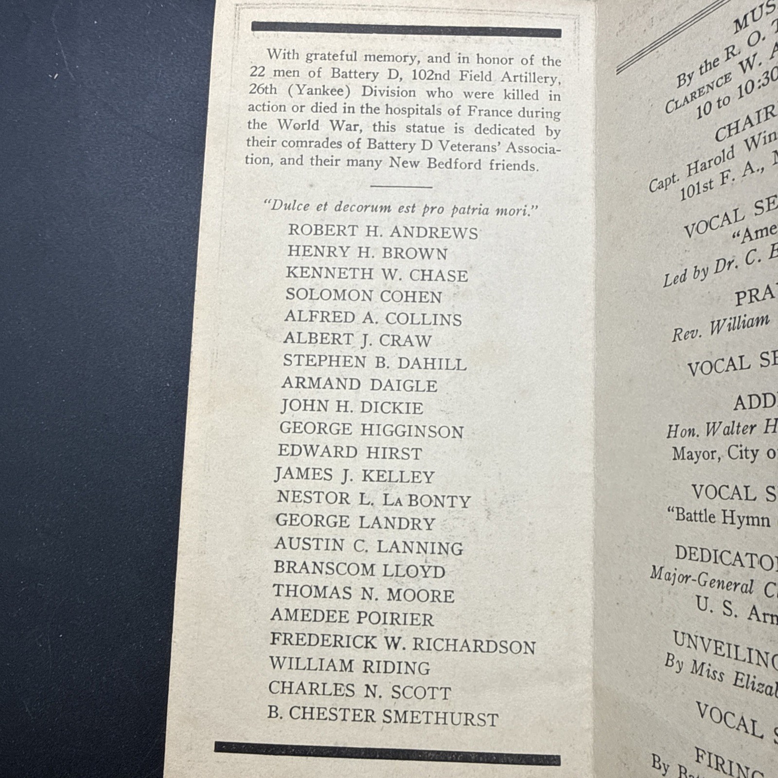 WWI 1924 Dedication Exercises Battery D Memorial 102nd Field Artillery 26th Div