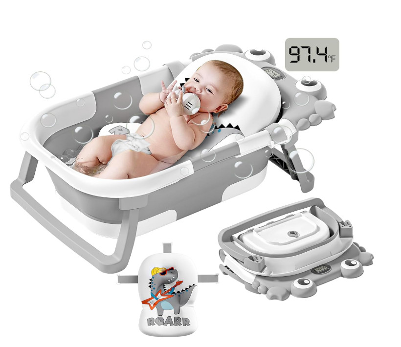 Collapsible Baby Bathtub for Newborns to Toddler with Real-time Temp Monitor & F