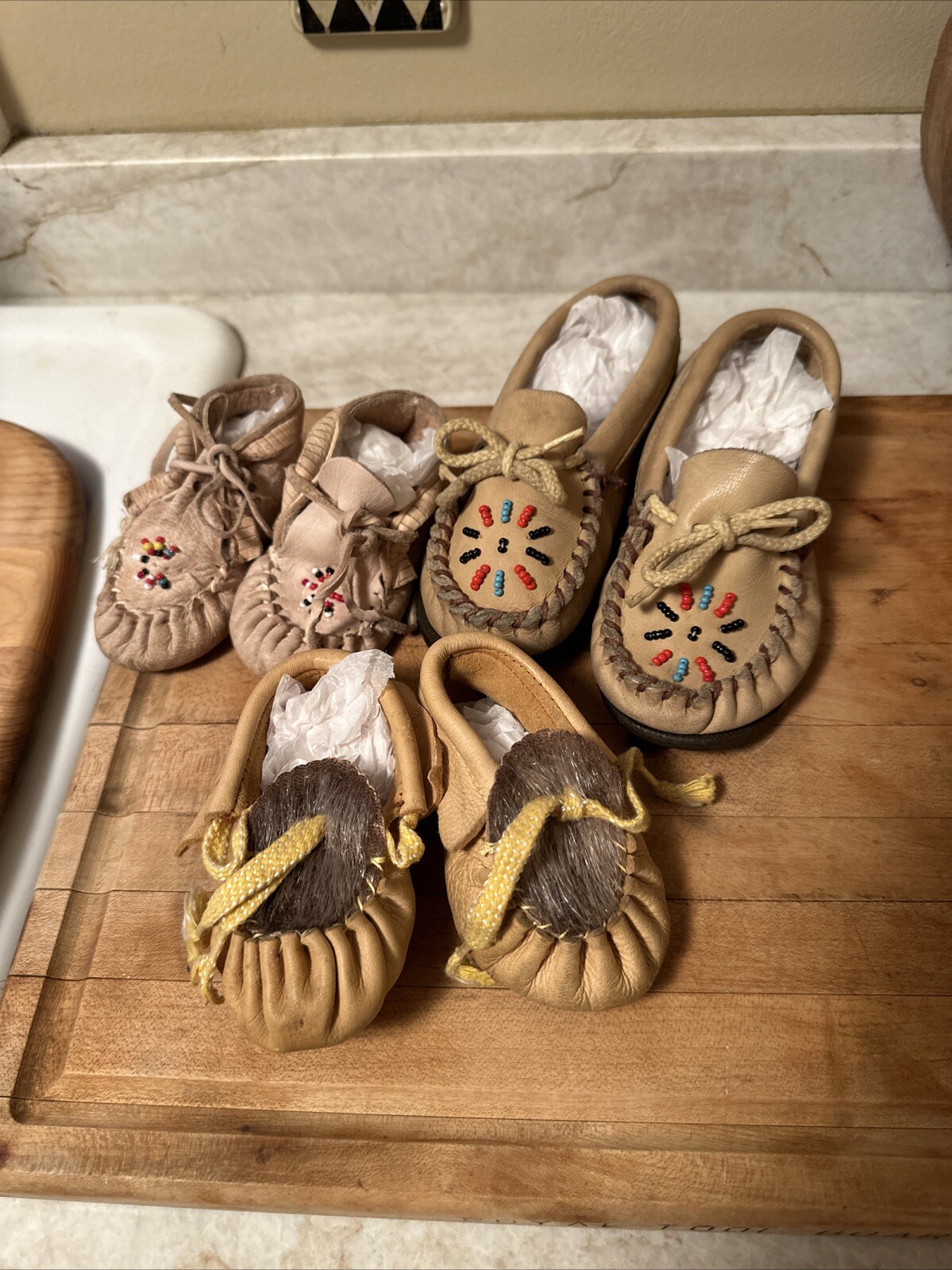 3 Pair Vintage Native Indian moccasins leather beads toddler Western Decor