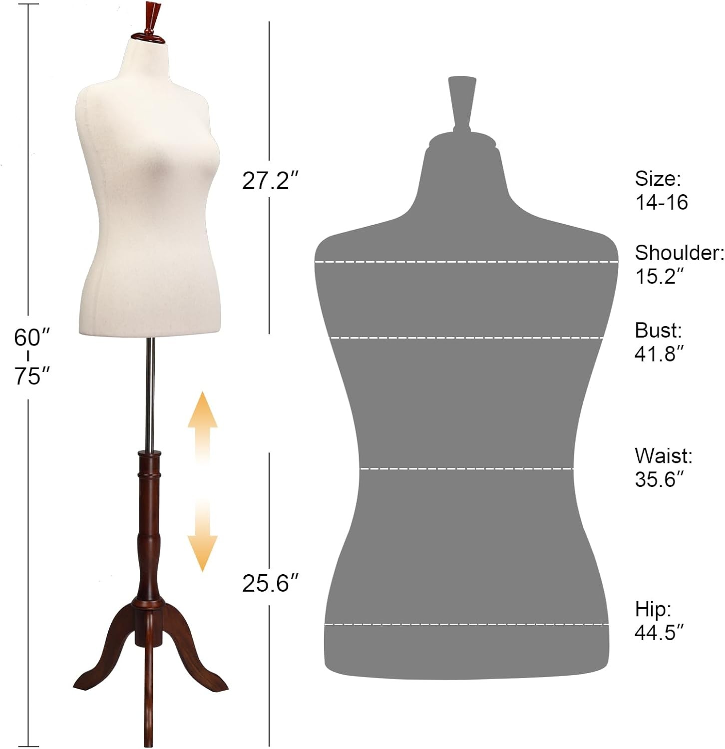 Female Dress Form Adjustable Height Torso Body with Upgraded Tripod Stand